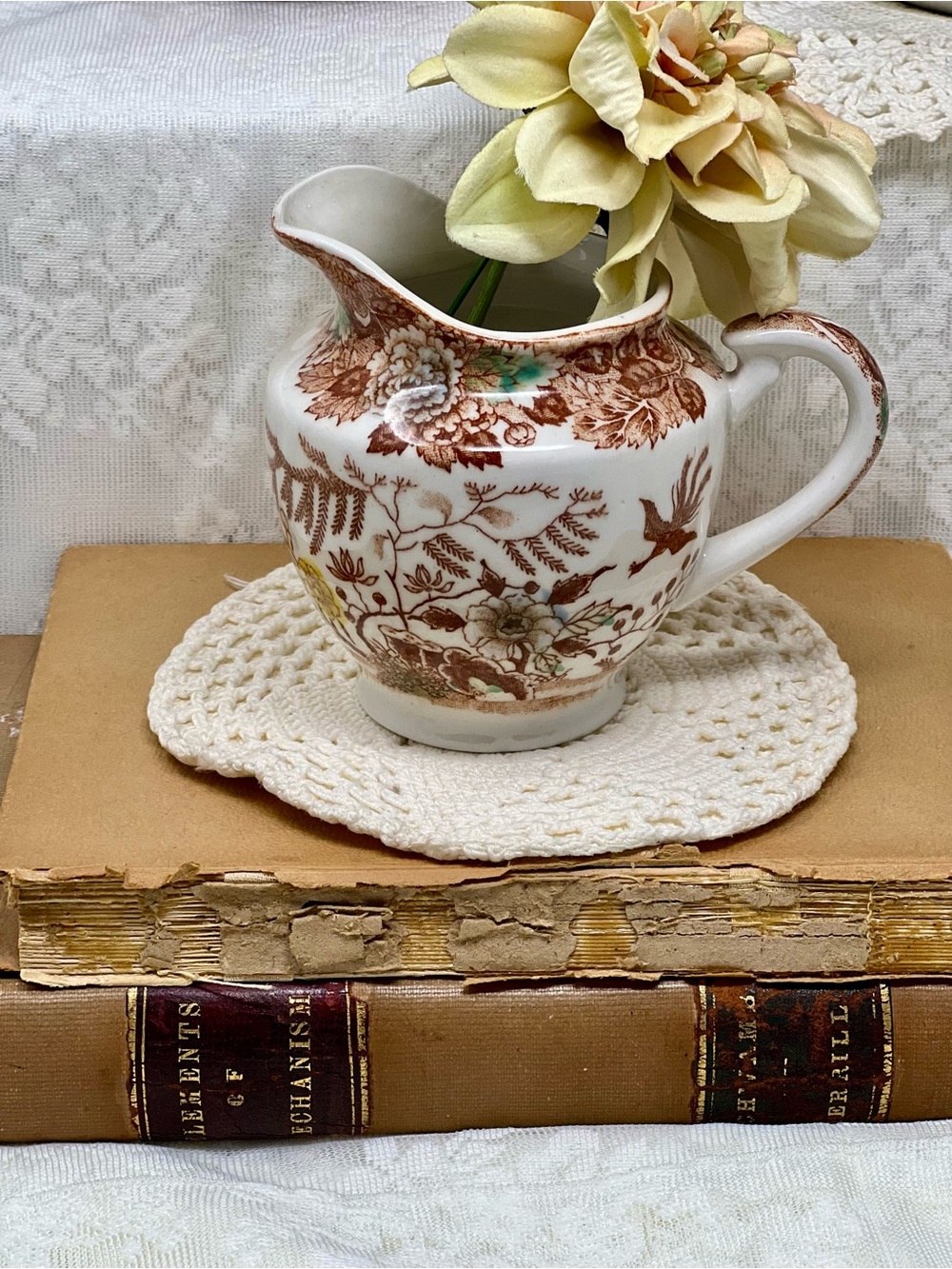 Small Vintage Brown Floral Ceramic Creamer